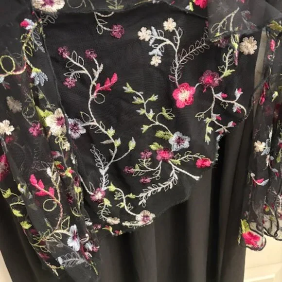 Black Tunic Dress with Sheer Floral Bell Sleeves – Boho Chic - Picture 2 of 4